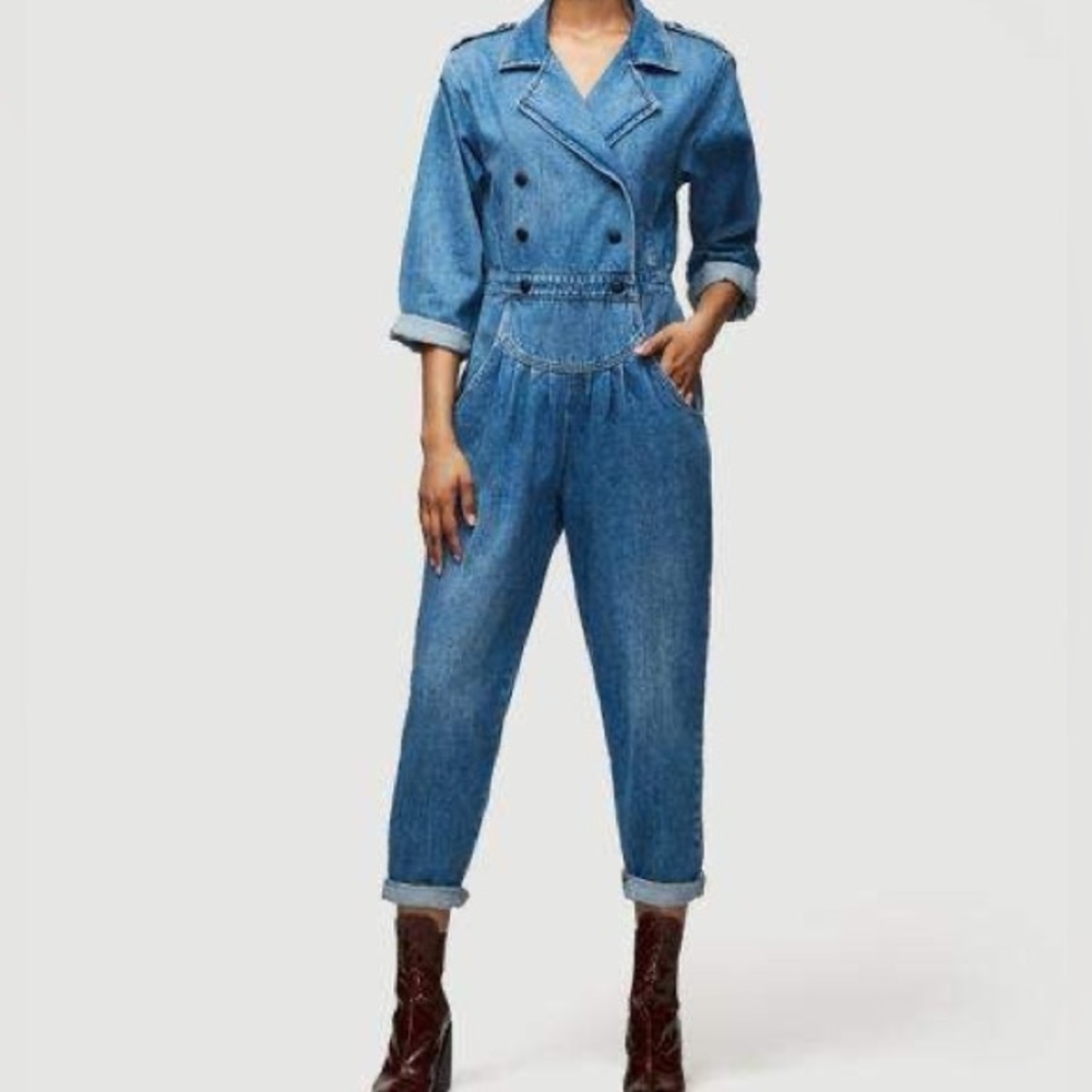 FRAME NWT MILITARY BAND PLEAST FRONT DENIM JUMPSUIT SIZE XS TRENDY STYLISH DATE - Picture 13 of 13